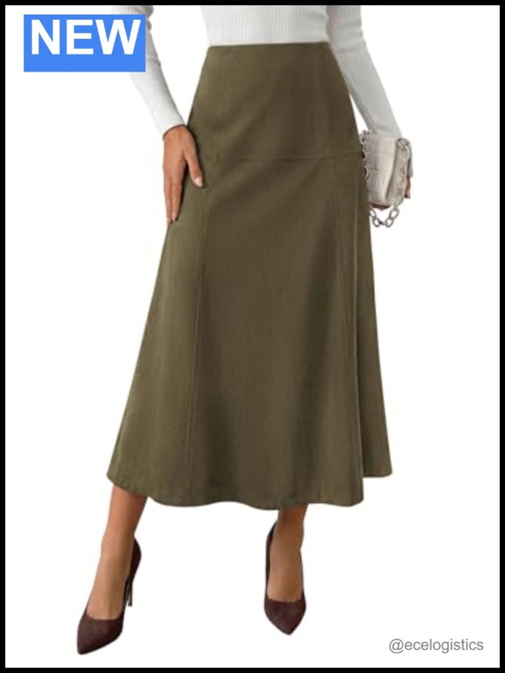 Women's High Waist Faux Suede A-Line Midi Skirt Work Office